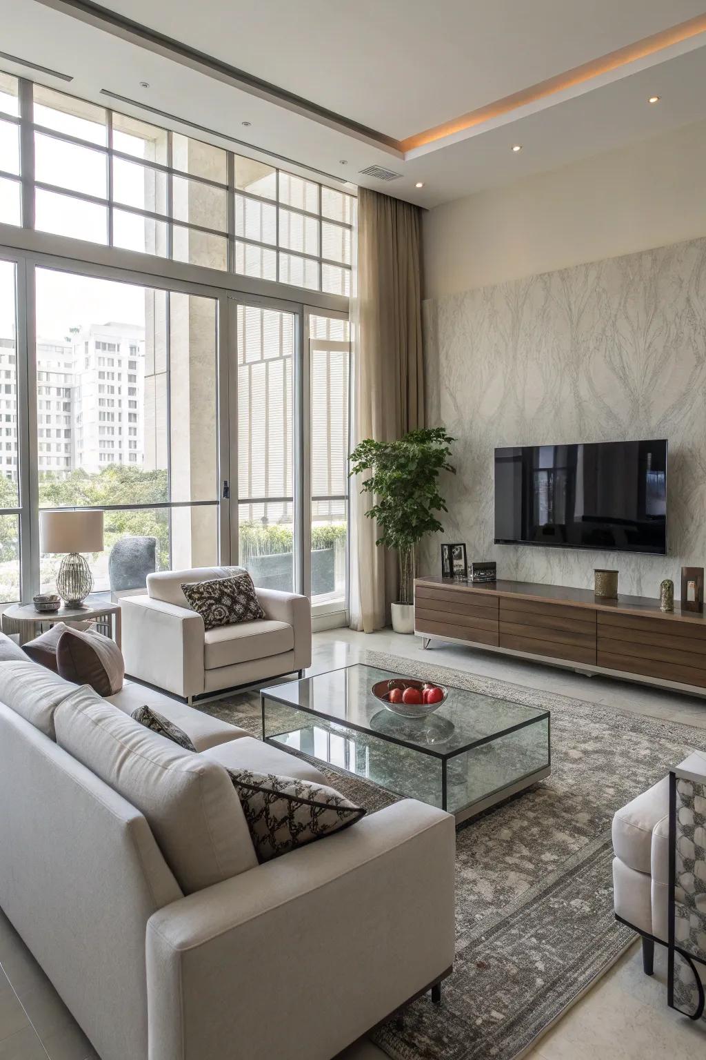 A well-appointed TV wall complemented by chic modern furniture.