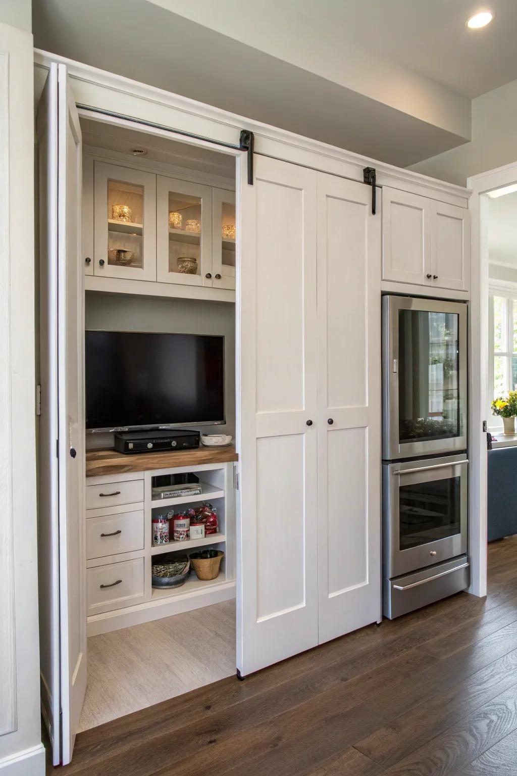 A panel display concealed behind sliding panels, upholding a streamlined cooking area aesthetic.