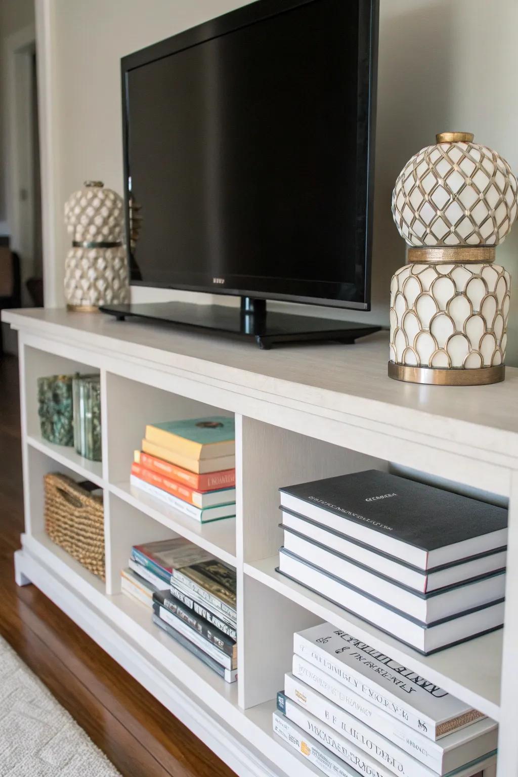 Books add character and coziness to TV stand décor.