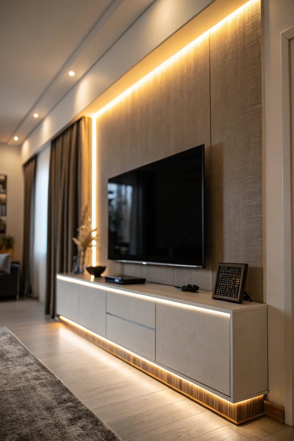 Modern lighting elevates the ambiance of this TV wall.