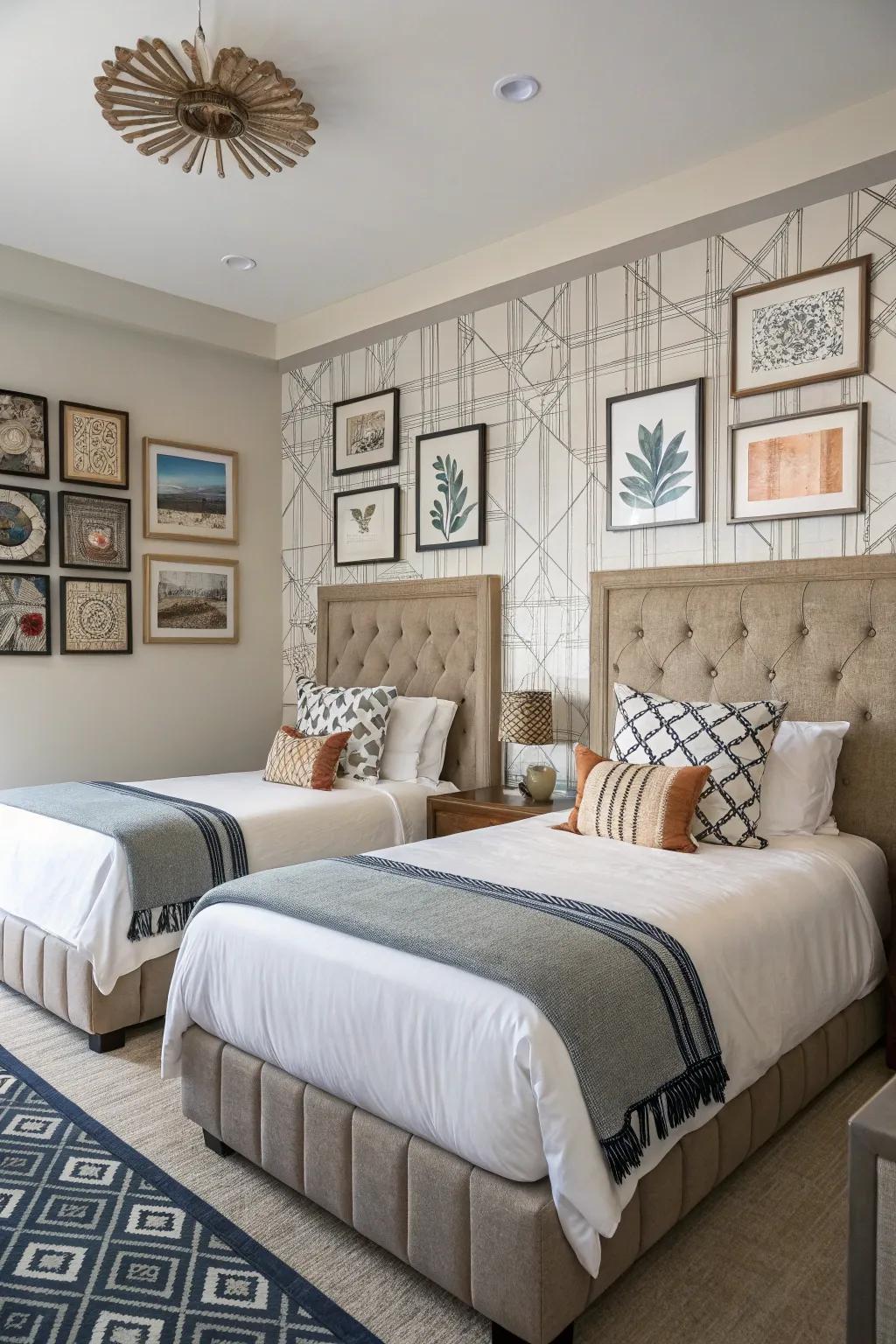 Artistic wall accents personalize and elevate twin bed spaces.