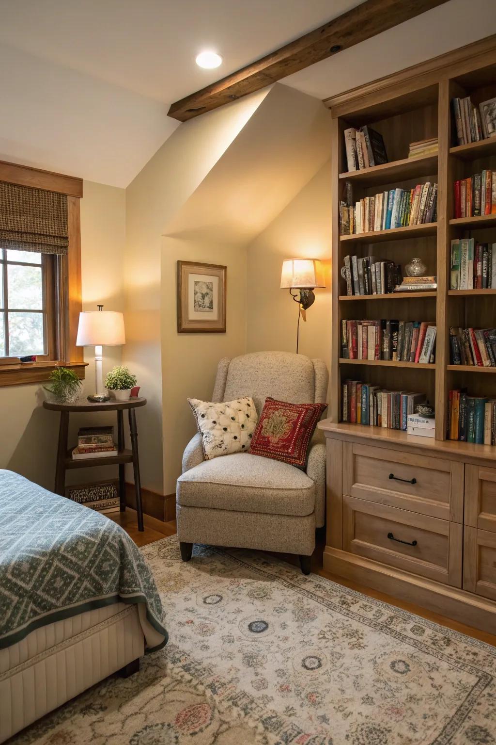 A book area offers a peaceful retreat within the setting.
