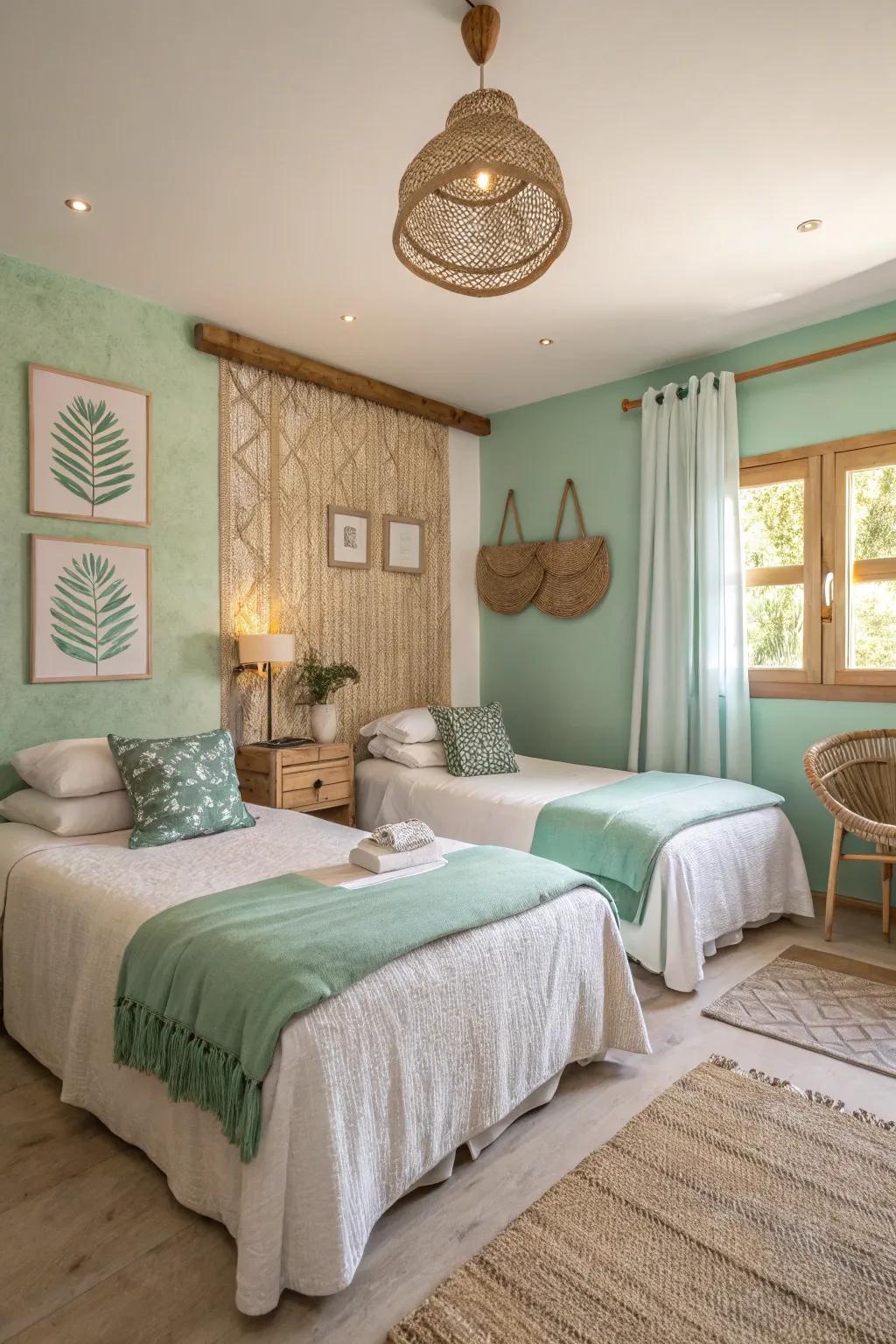 A serene bedroom featuring seafoam and linen walls, inviting relaxation.