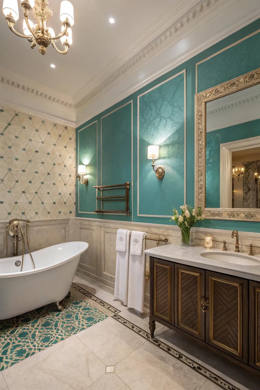 An elegant teal and ivory two-tone wall scheme that injects a hint of luxury.