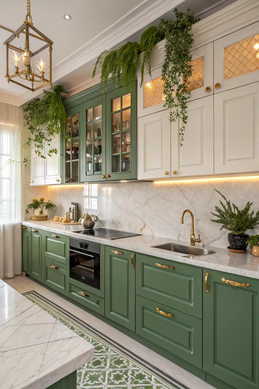 An earth-toned verdant and gilded kitchen that exudes luxury.