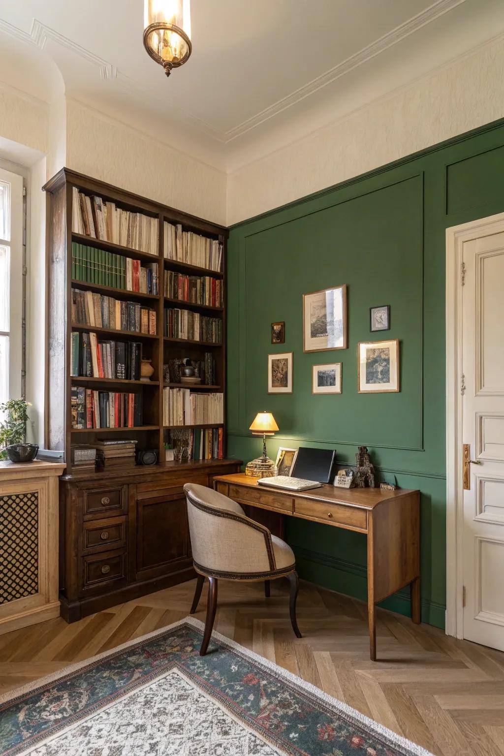 The tranquil study retreat is fashioned with nature-inspired green and crème tones.