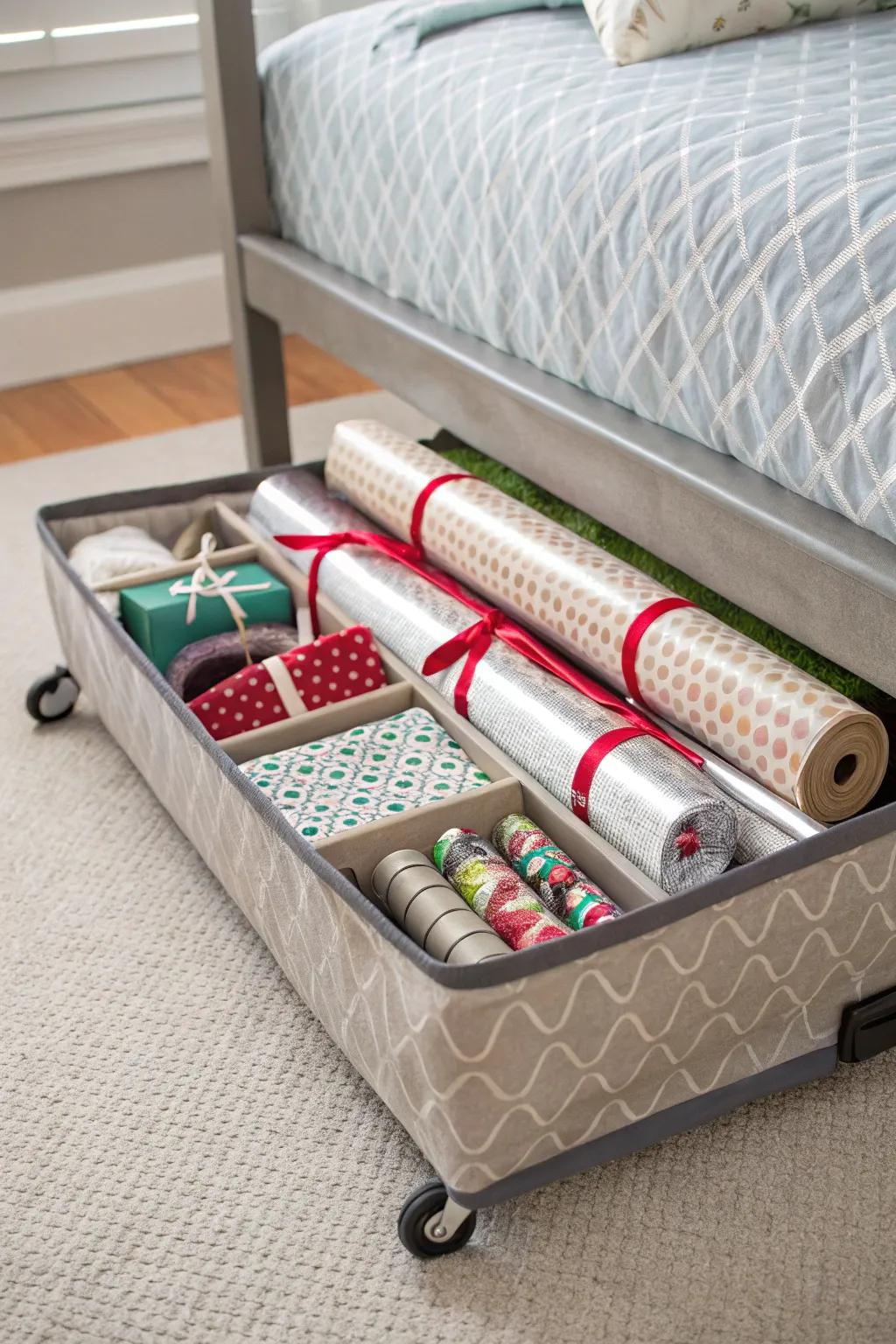 Simplify gift-wrapping with a portable storage solution.