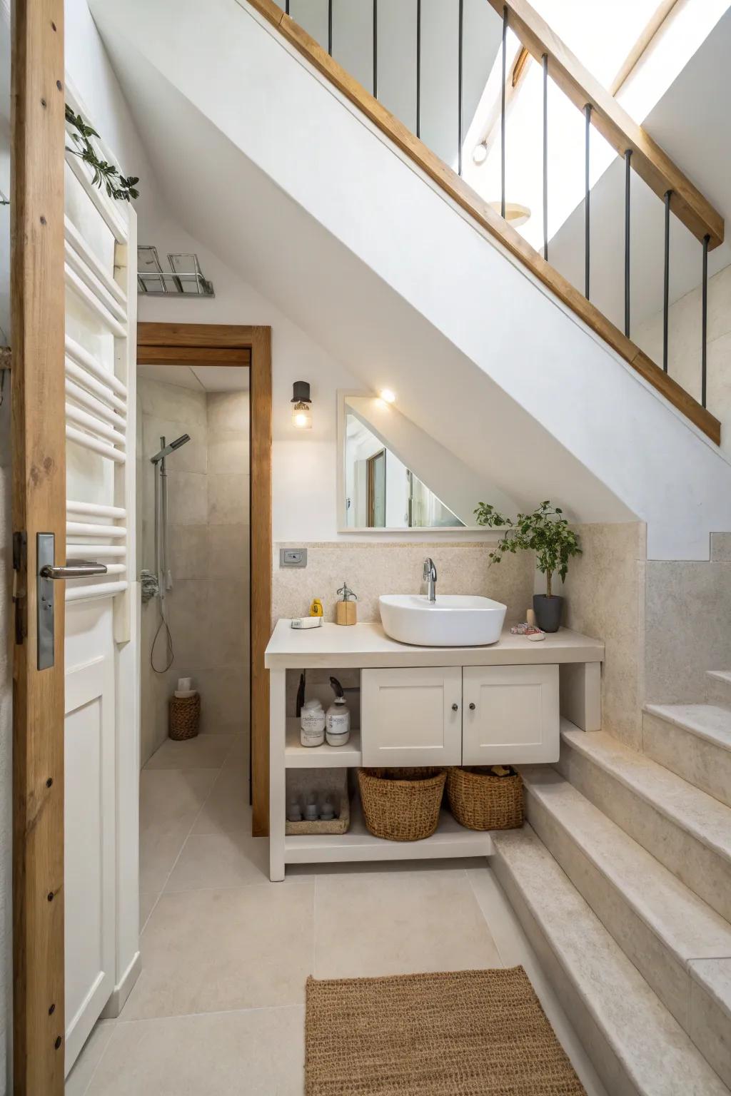 A minimalist restroom under the staircase with simple lines and an uncluttered look.
