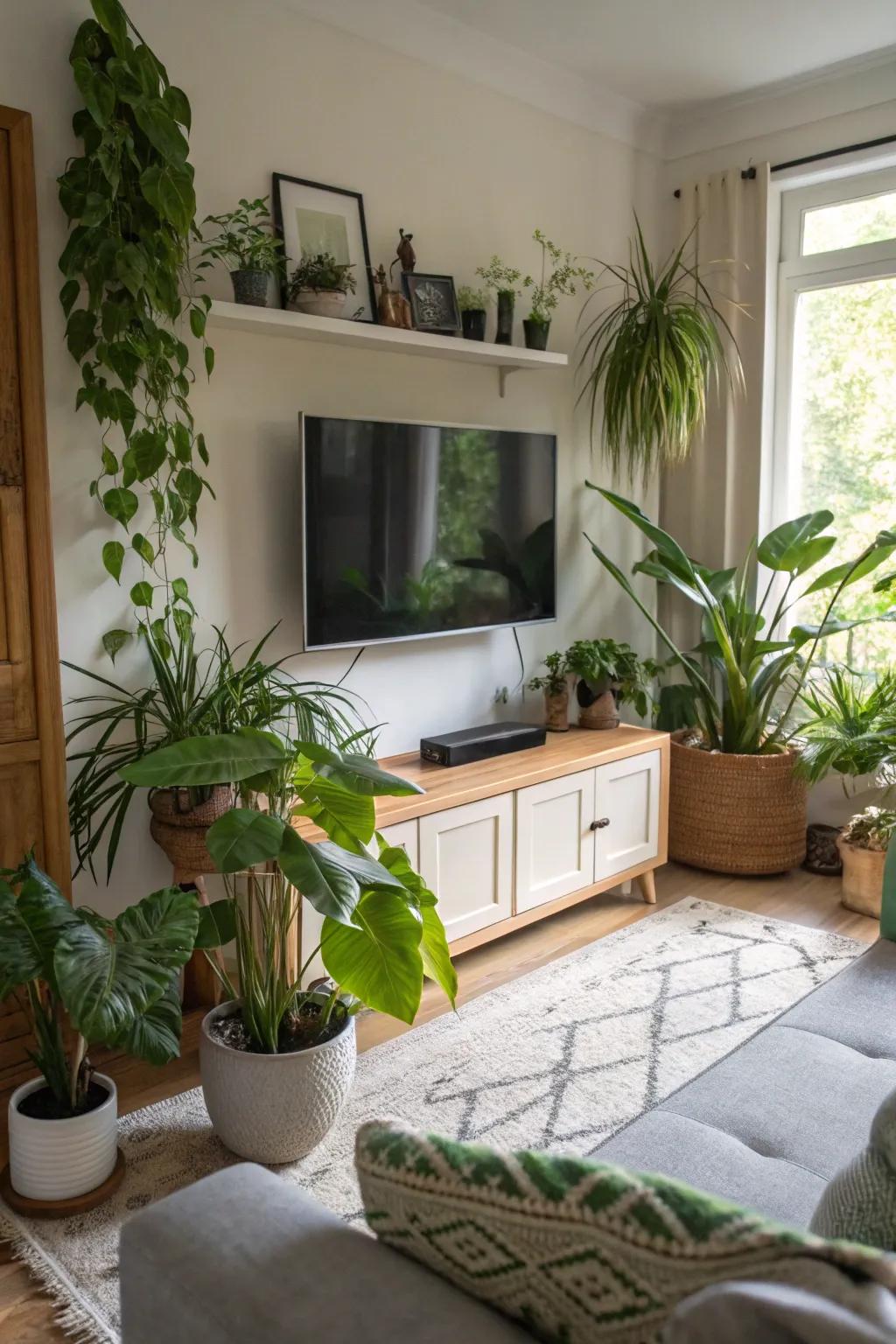 Flora beneath your television brings an element of nature indoors.