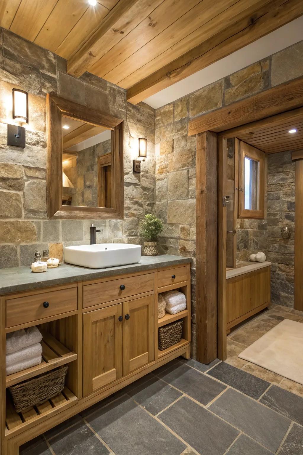 Inherent textures introduce warmth and depth into the washroom.