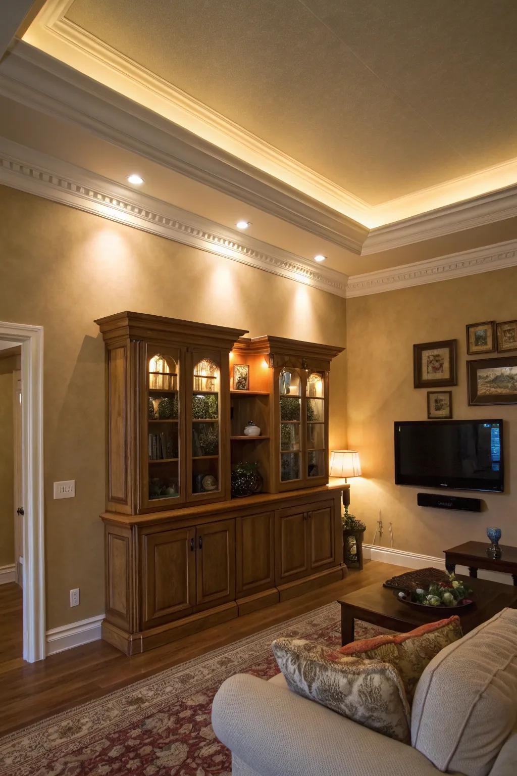 Crown molding radiance appends elegance through a halo phenomenon.