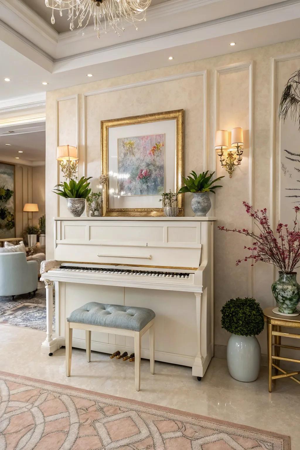 A chic room featuring an upright piano setting decorated in a harmonious color scheme.