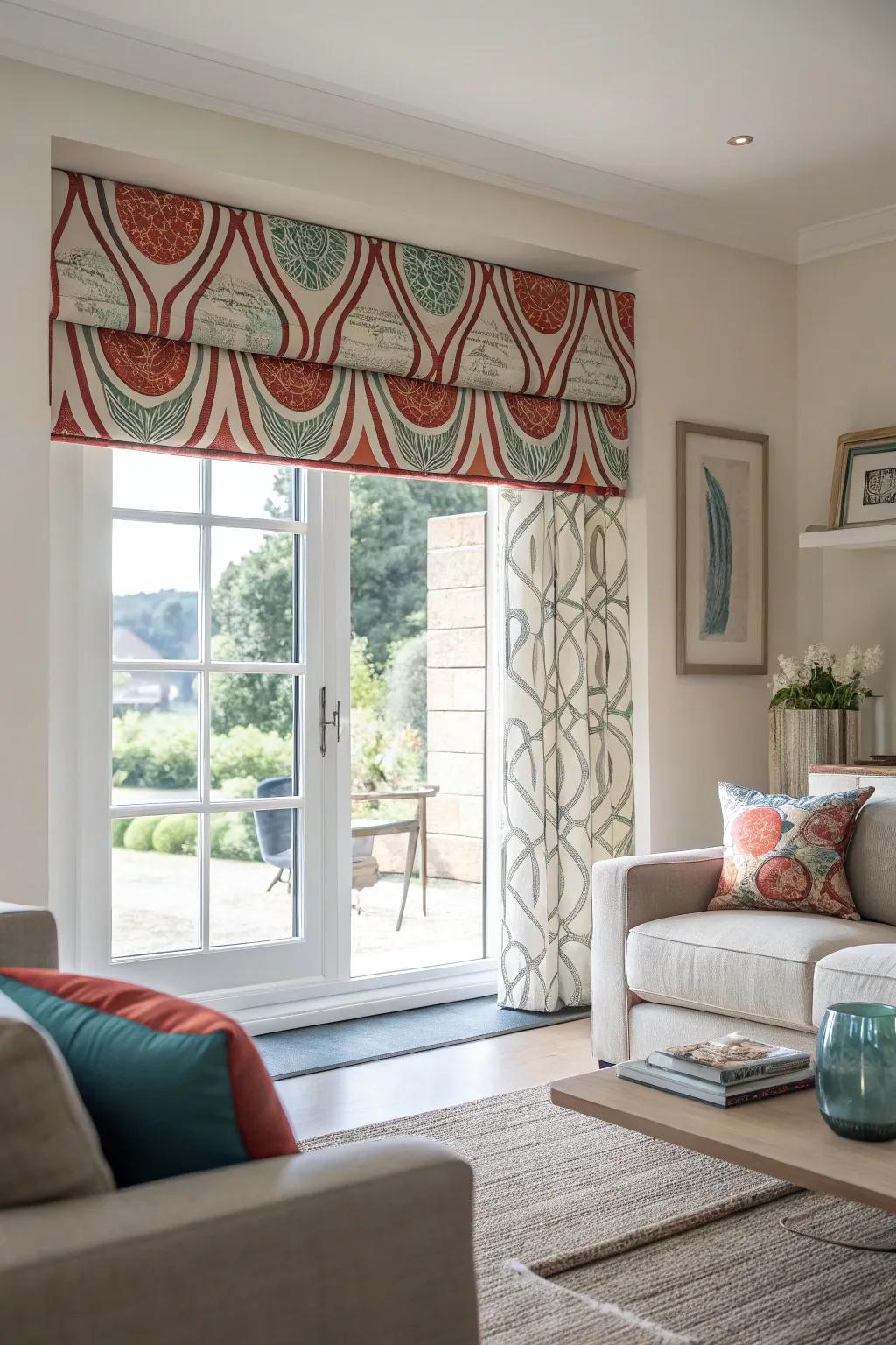 A window displaying a custom printed abstract design topper in a modern living space.
