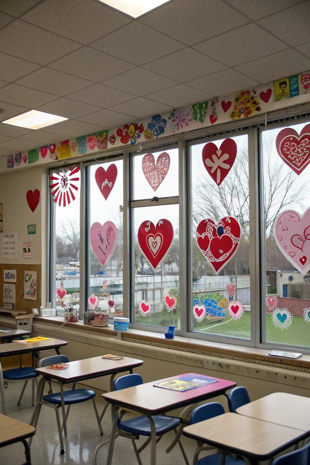 Windows shining with Valentine's Day joy.