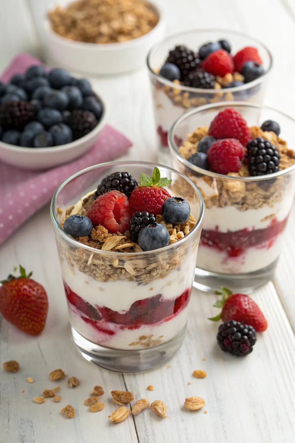 Vibrant berry parfaits garnished with yogurt and granola.