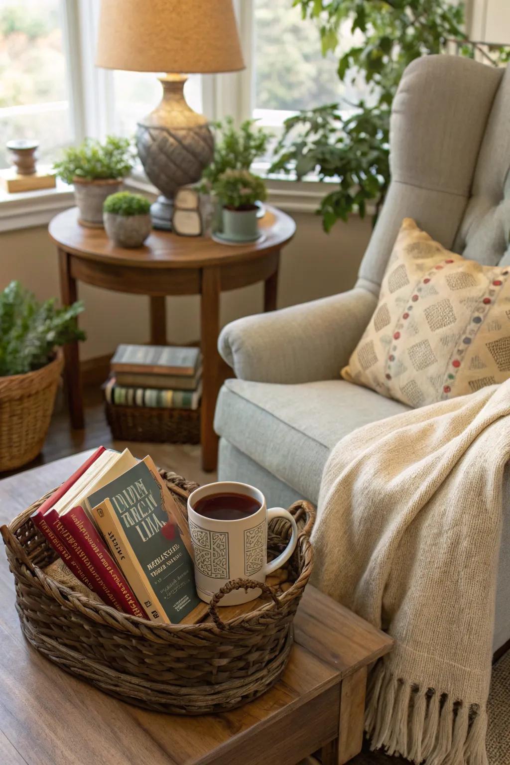 A bookworm's escape basket for comfortable reading sessions.