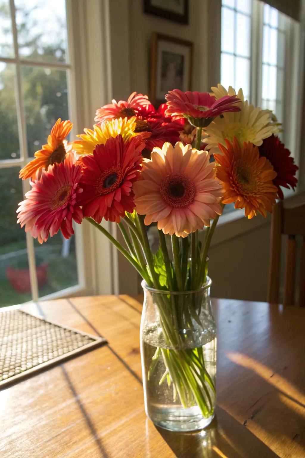 Joyful gerbera bouquet illuminating a culinary area.