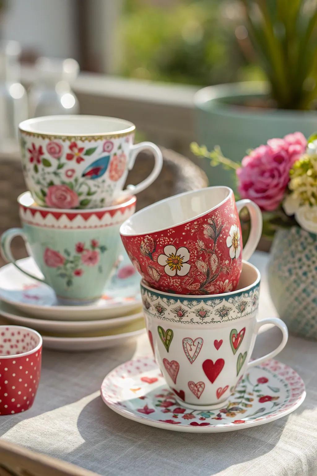 Charming ornamental tea goblets displaying botanical and beating heart designs.