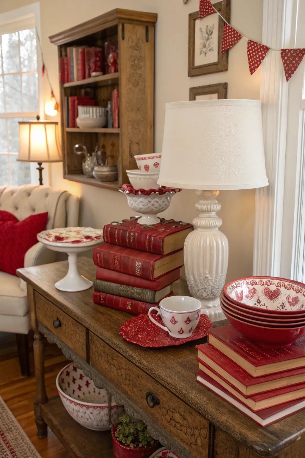 Add nostalgic charm with vintage discoveries in Valentine’s Day hues.