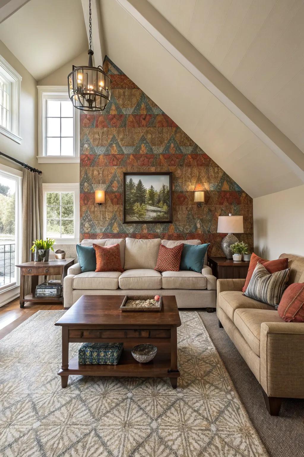 Living room featuring a vaulted ceiling and furnishings underscoring the accent wall