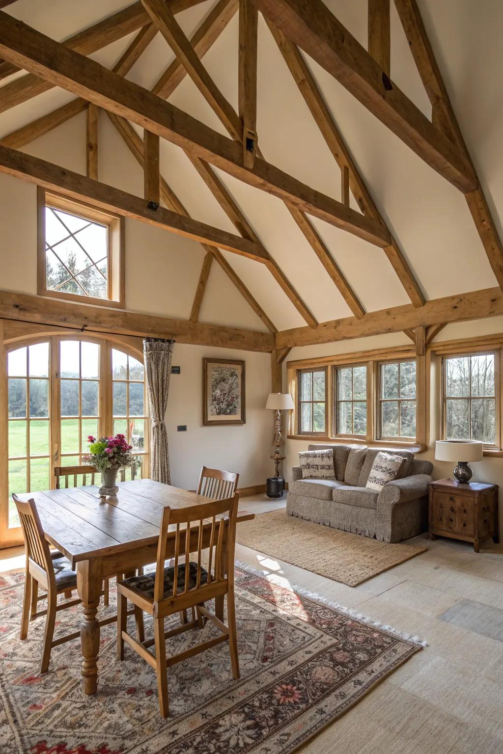 Country charm with exposed trusses on a vaulted ceiling.