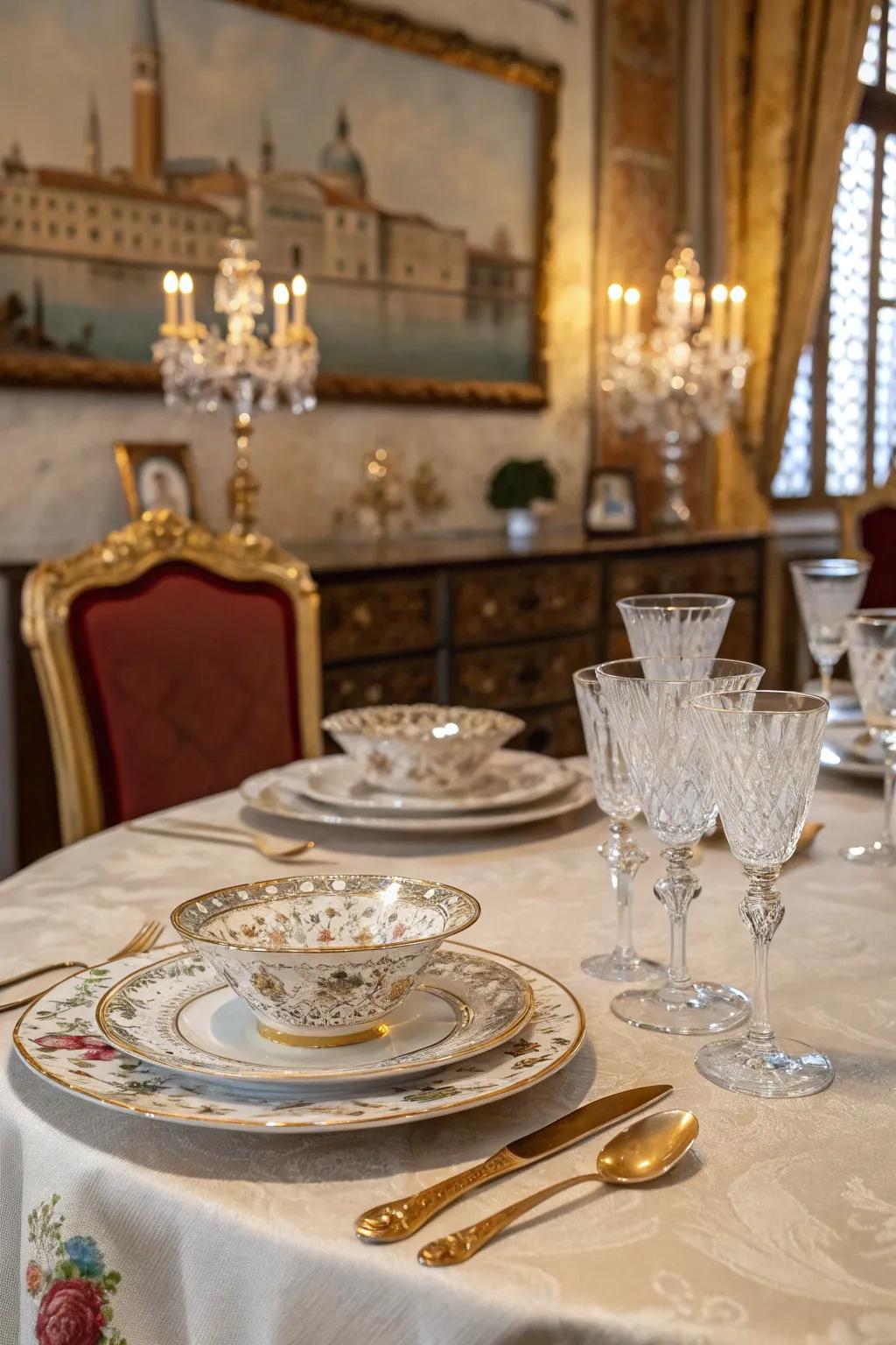 A lavishly arranged feasting table poised for an elegant repast.