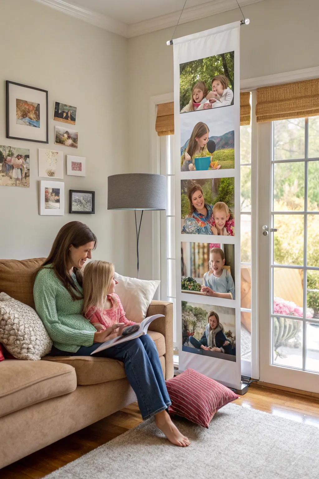 A photo montage display brings cherished moments to the forefront of a living space.