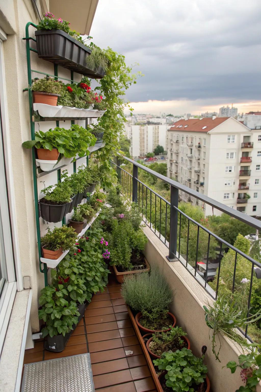 A metropolitan balcony transmuted into a sumptuous retreat through upright gardening.