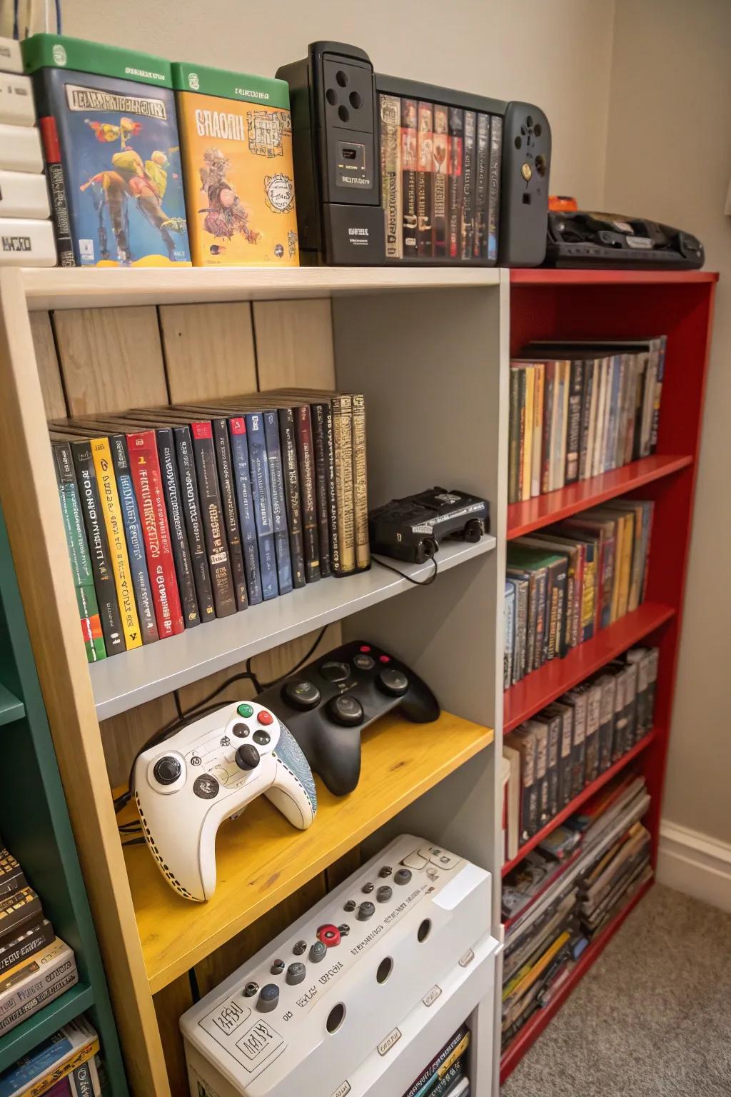 An adapted bookshelf housing an extensive video game collection.