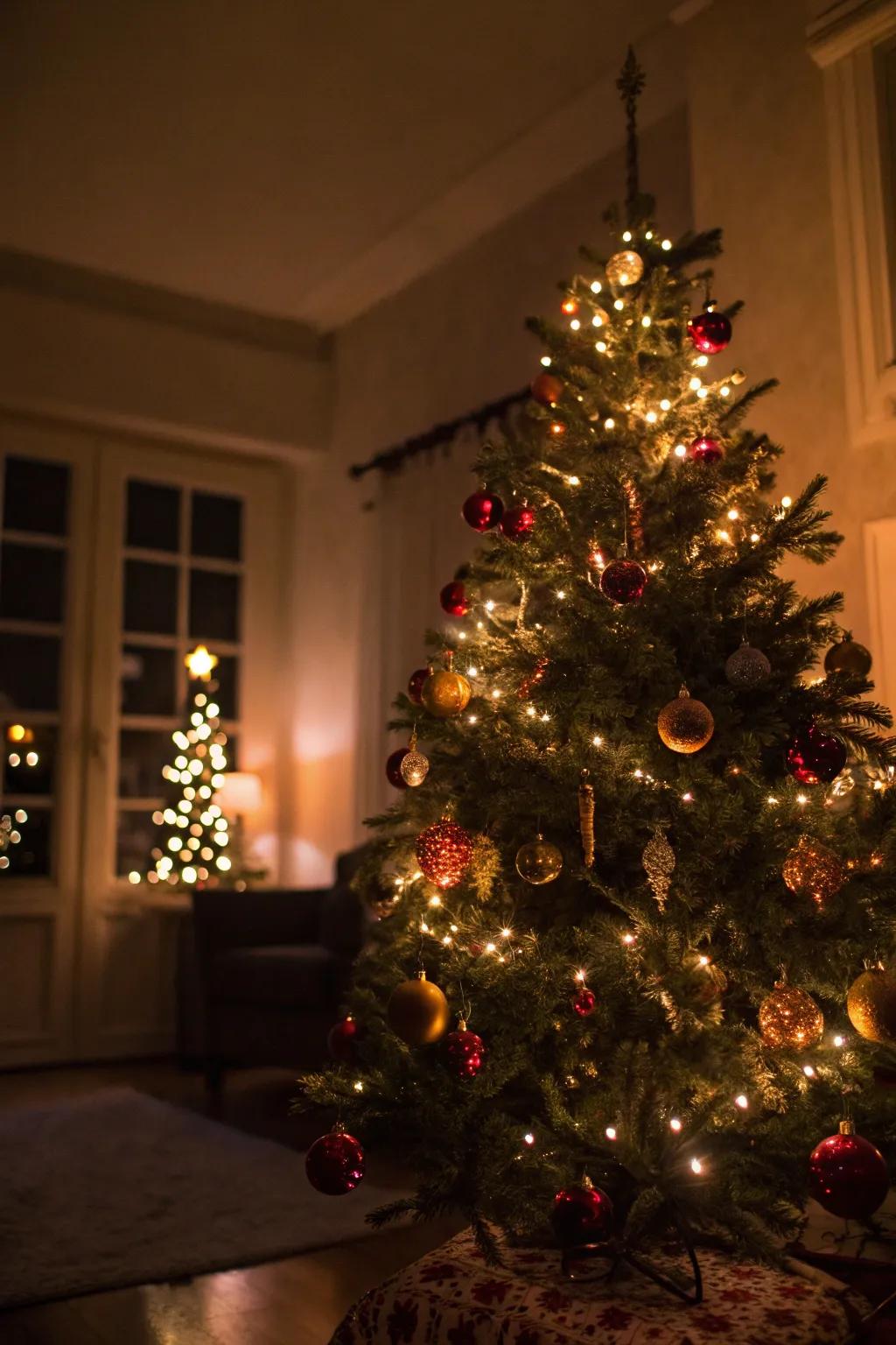 Warm lights contribute a snug radiance to this retro-inspired tree.