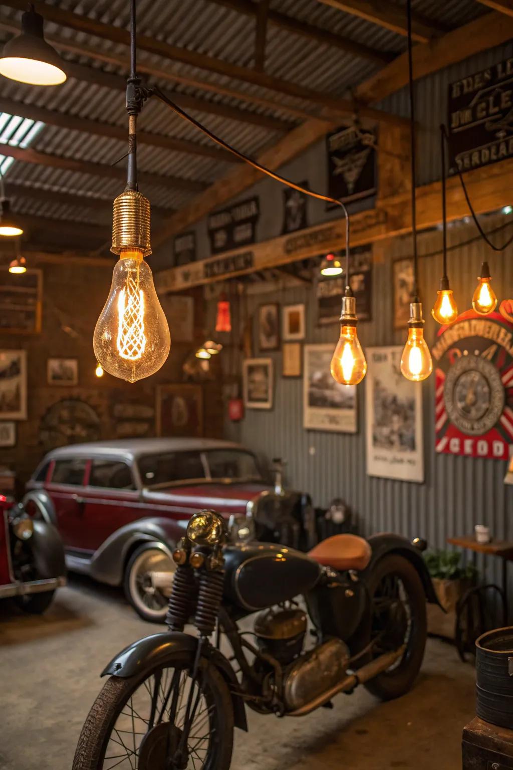 Ambient illumination configures the atmosphere in a vintage garage.