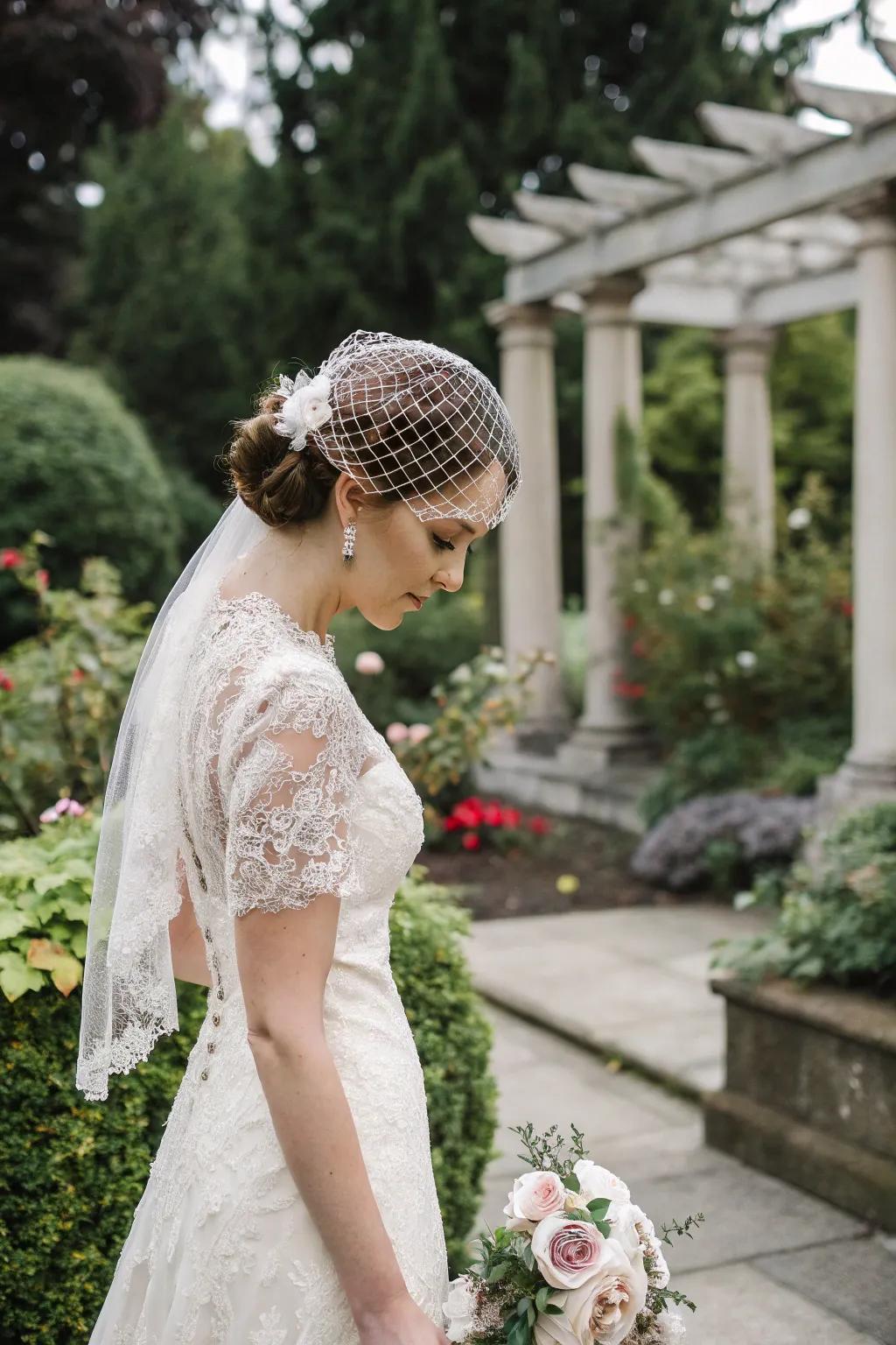 A bride gracefully adorned with a mesh veil at her wedding.