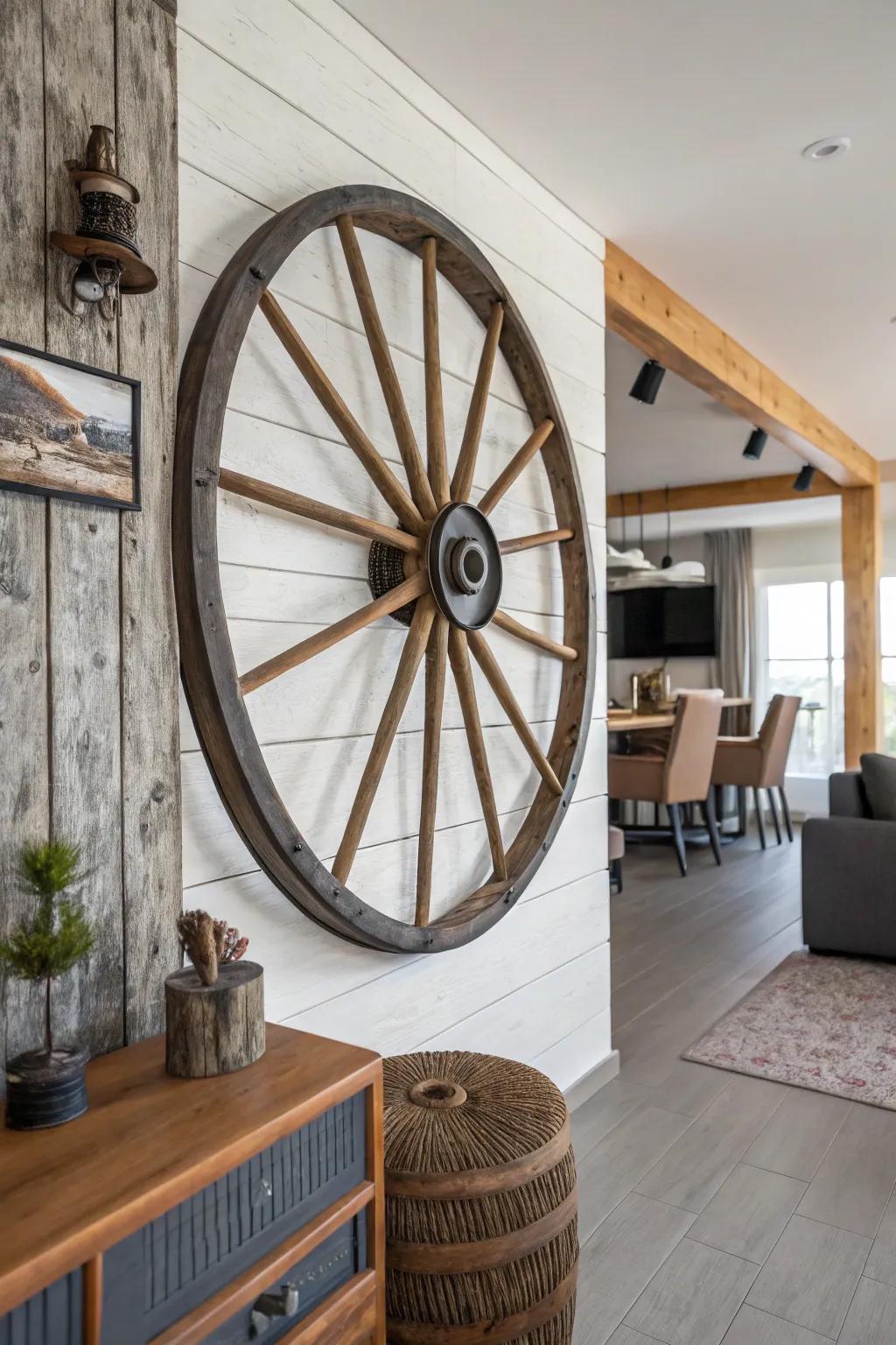 Mixed elements animate a cartwheel in this contemporary rural ornamentation.