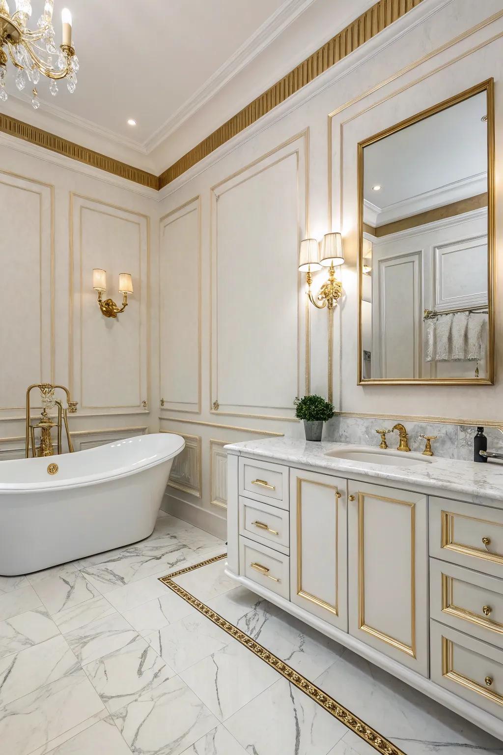 Gold-trimmed wainscoting introduces a luxurious glow to your bathroom.