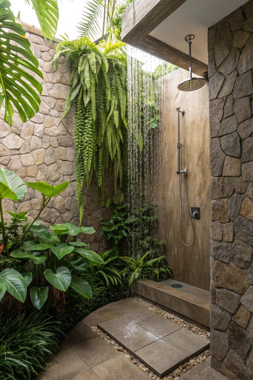 Shower with flora and rock textures.
