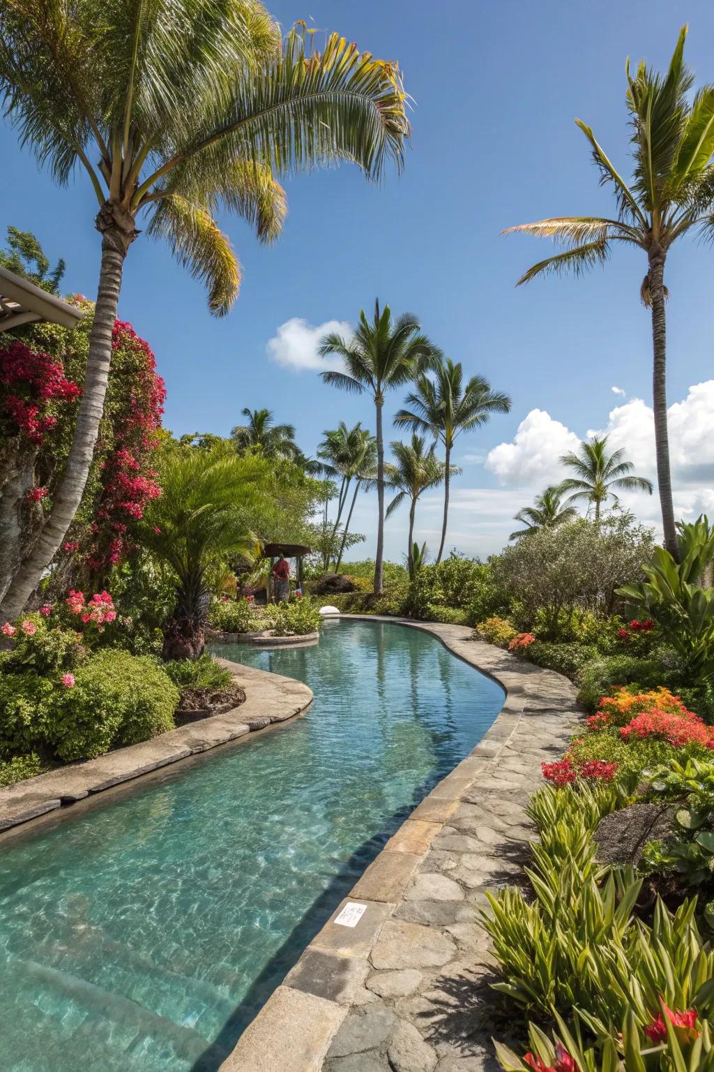 An exotic theme infuses your backyard pool with the essence of a vacation getaway.
