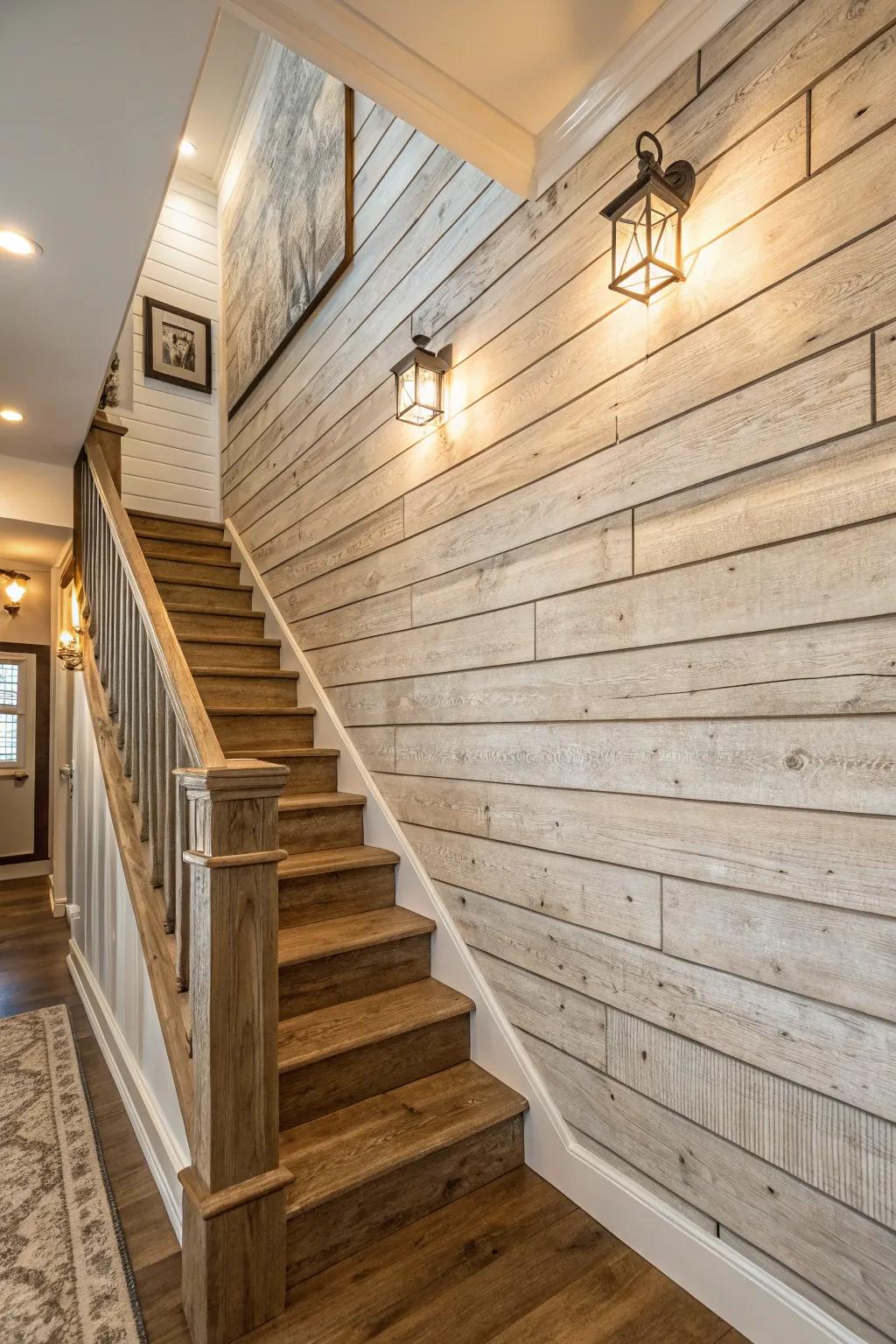 Textured panels enrich your stairway wall by contributing depth and distinctive character.