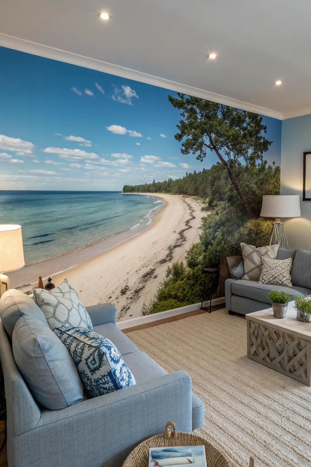 Relax using the soothing feelings from a shoreline escape mural.