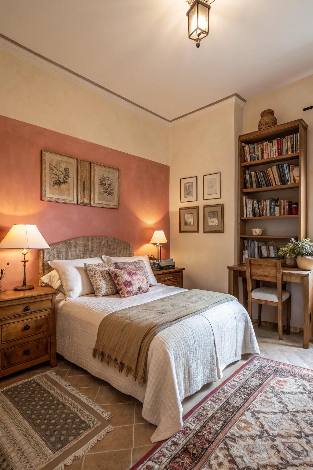 Semi-coated walls introducing coziness to a guest quarter.