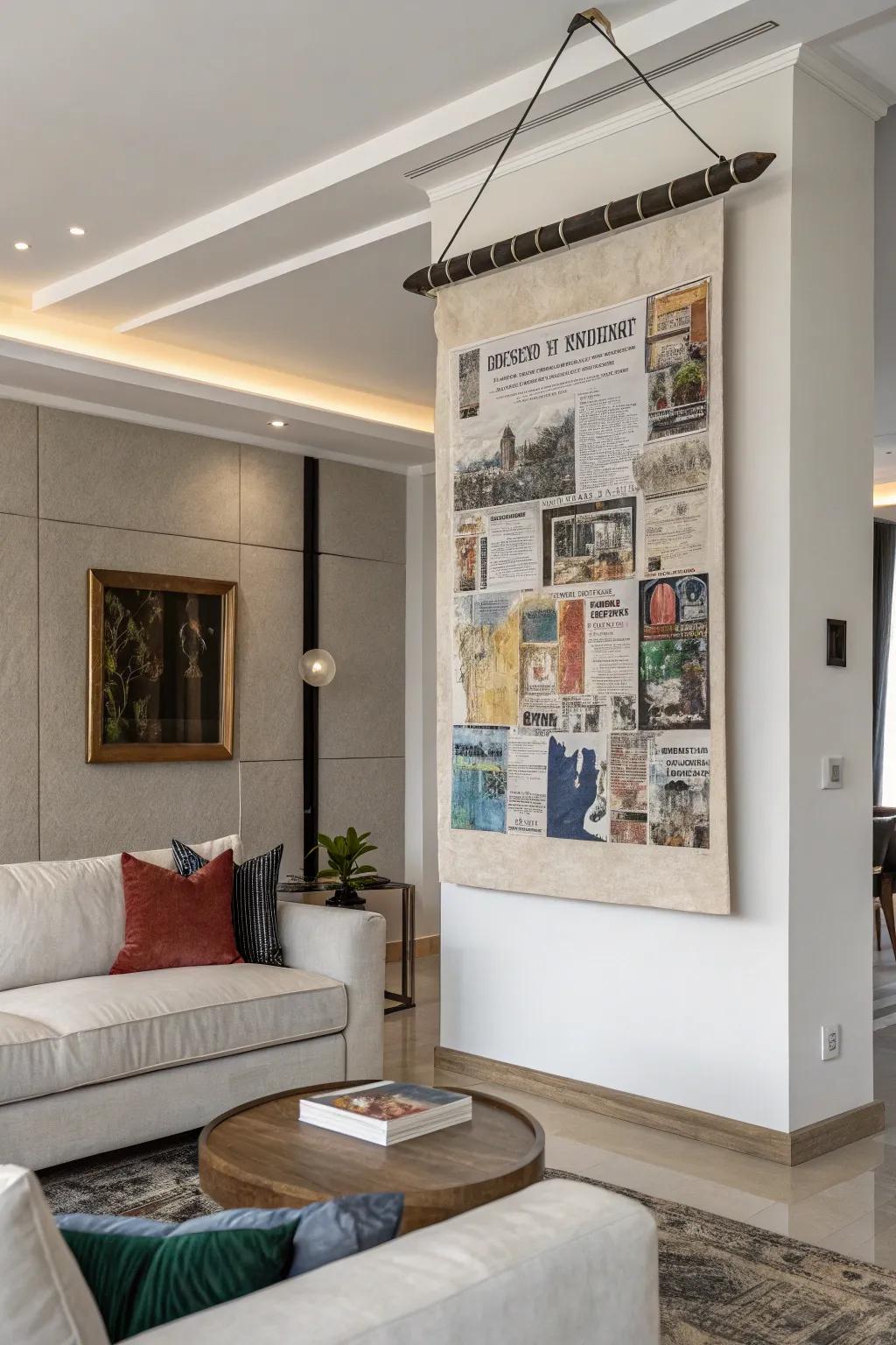 Varied media art enriches tactile intrigue.