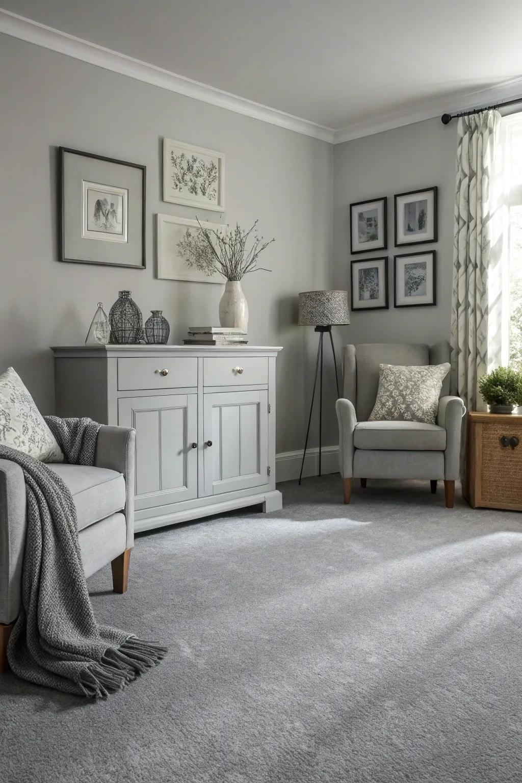 Monochrome carpets create a seamless and stylish space.