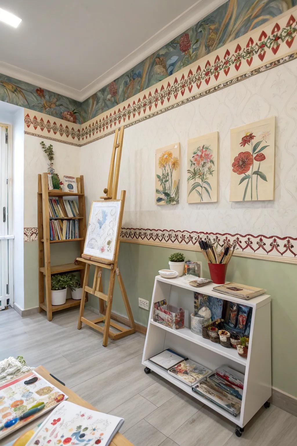 An art studio showcasing creativity with a creative wallpaper edging.