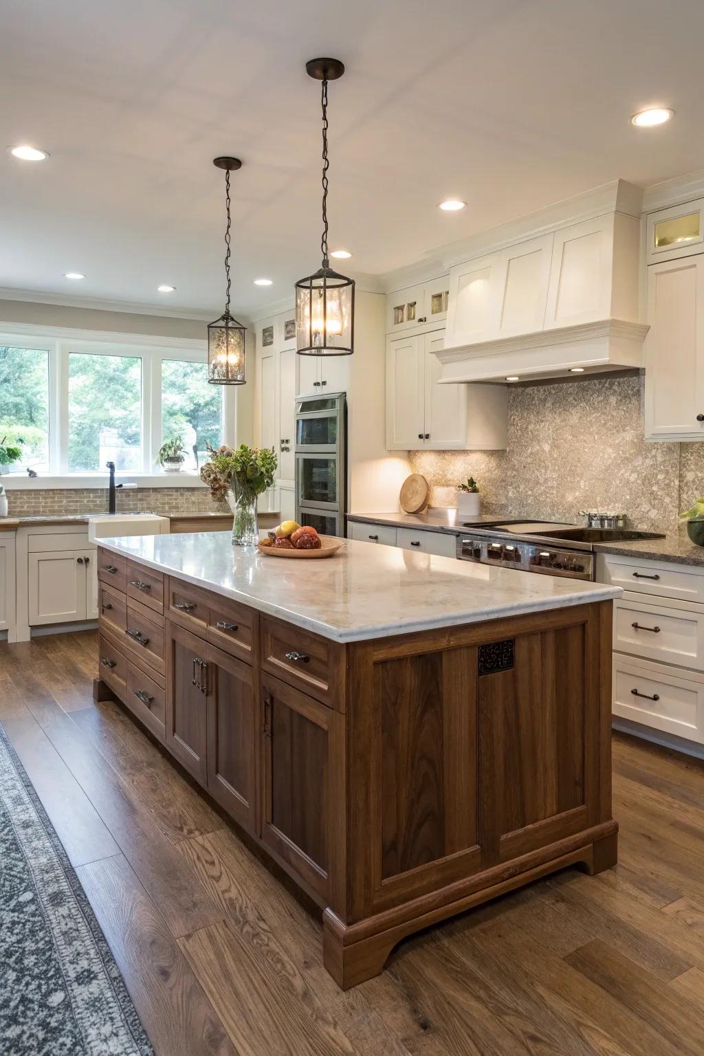 A hickory island is a stylish focal point with added functionality.