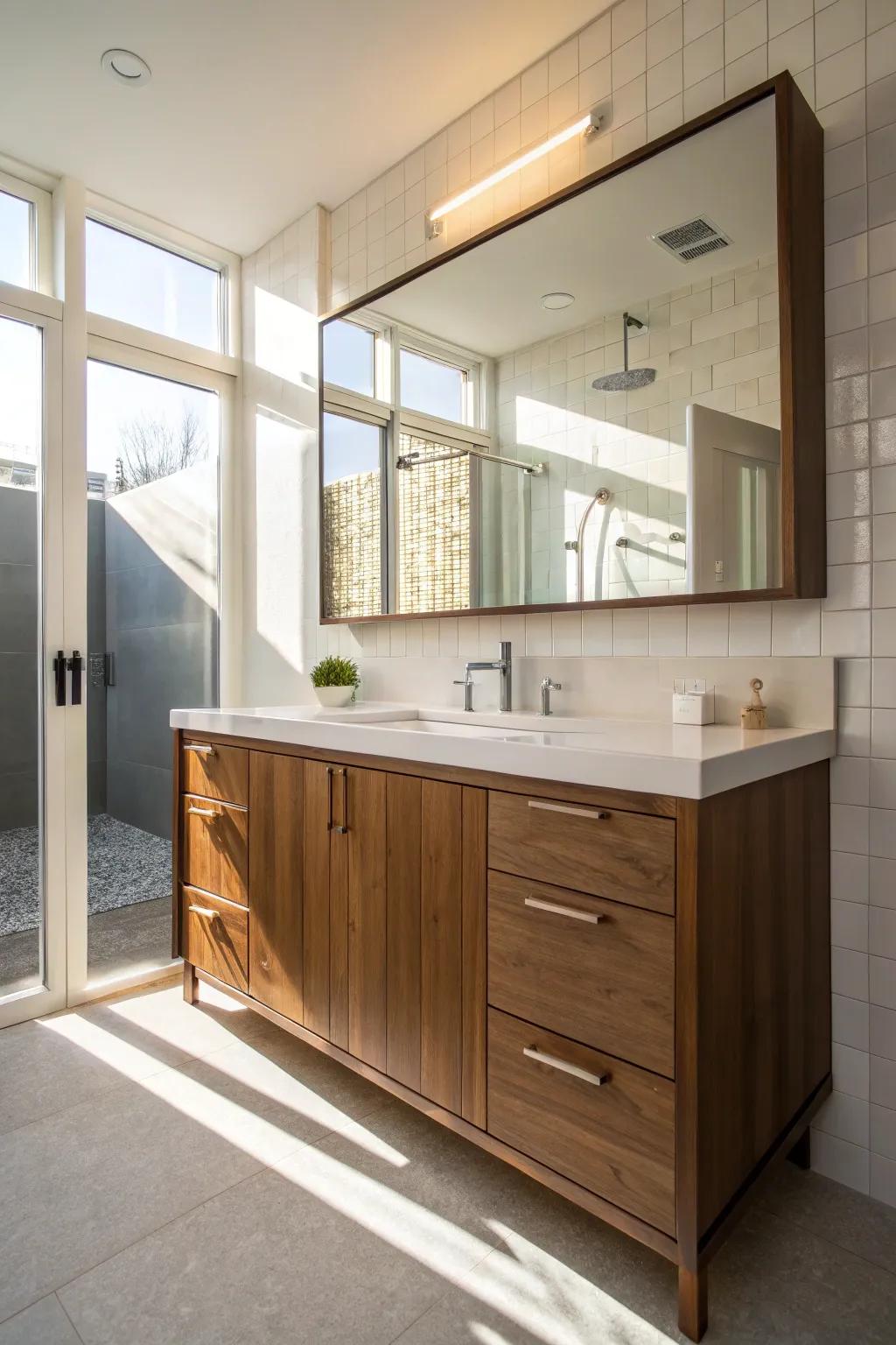 Illuminate your bathroom through the use of natural light to showcase your pecan vanity.