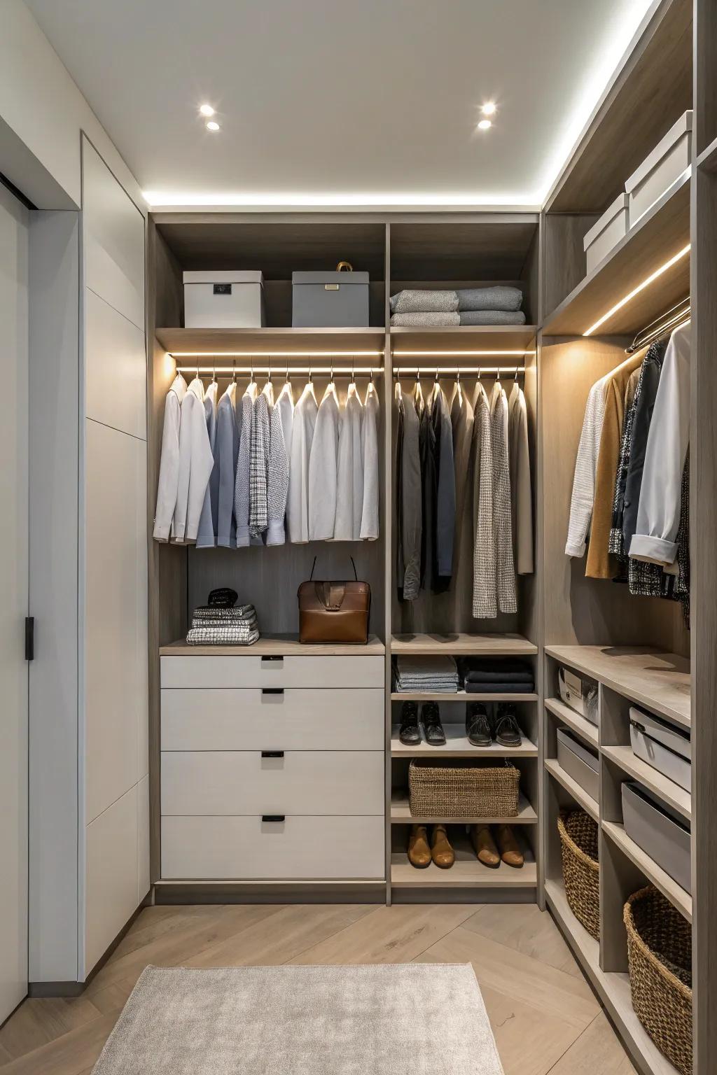Simplicity and practicality go hand in hand for an organized wardrobe.