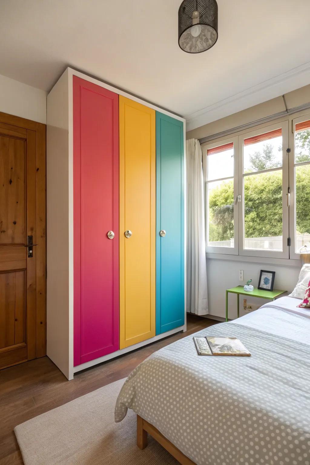 A wardrobe with colorful doors bringing energy to the room.