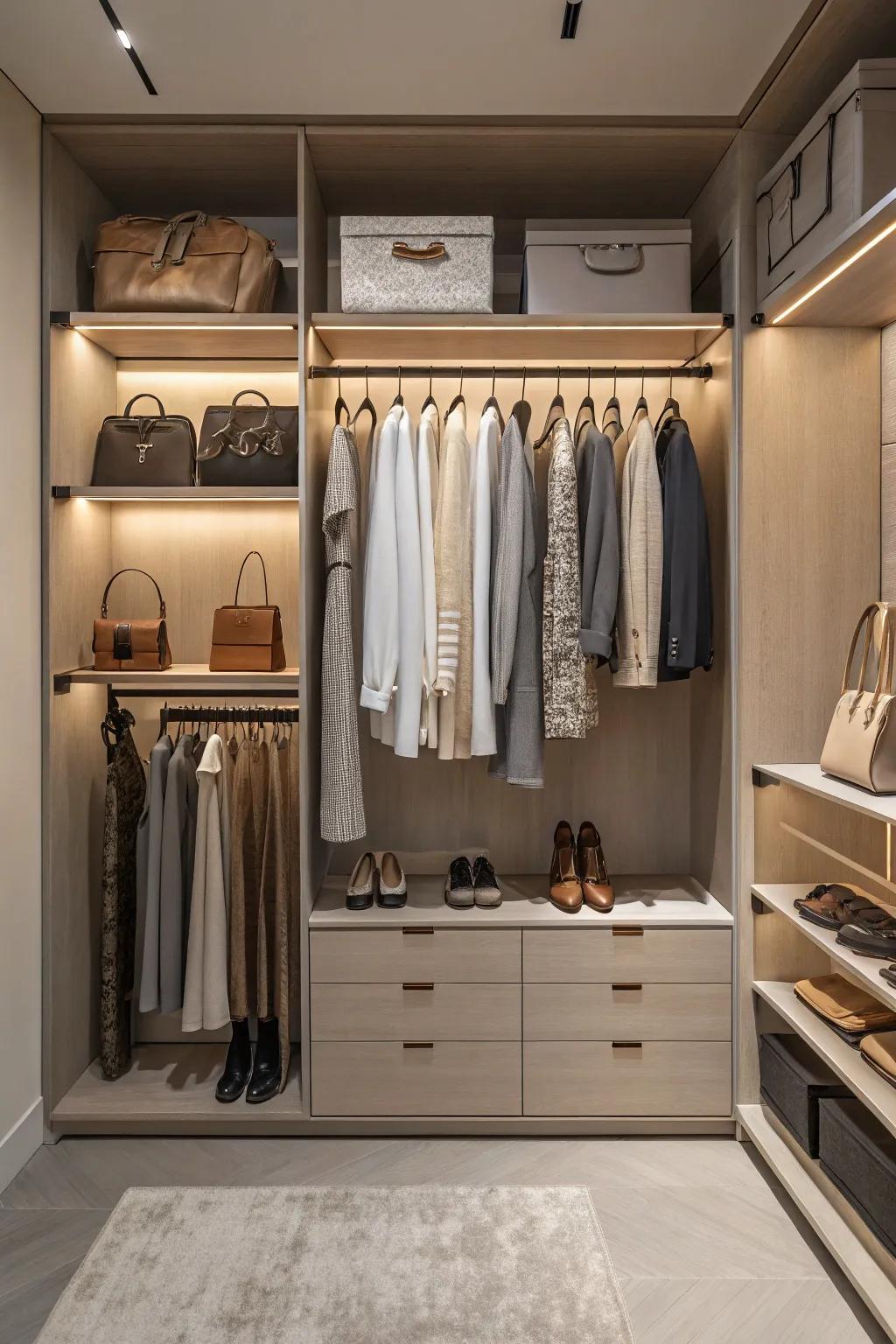 Neutral palettes offer a timeless attraction to wardrobe layouts.