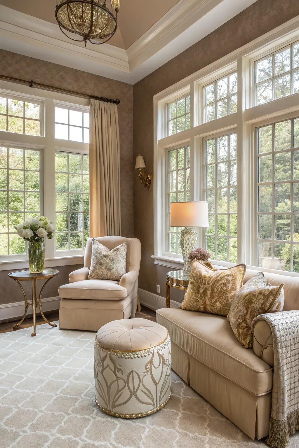 A sunroom with taupe walls, radiating neutral beauty and balance.