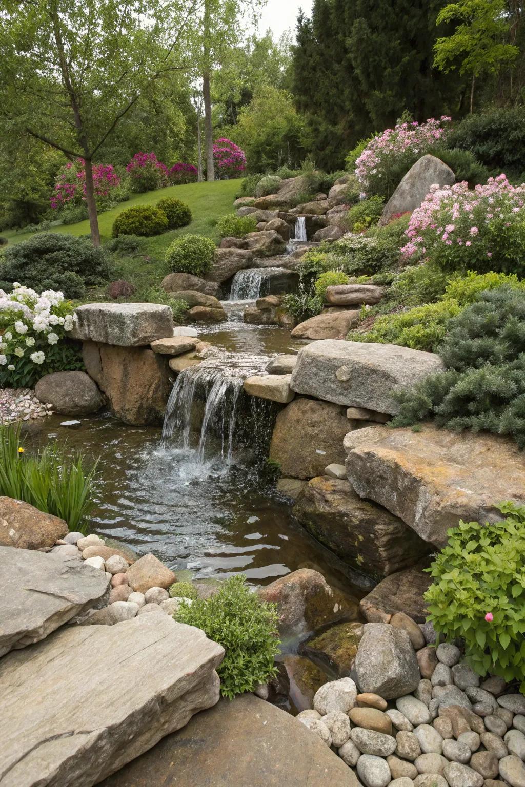 A creatively designed garden waterfall showcasing a captivating spiral stone layout.