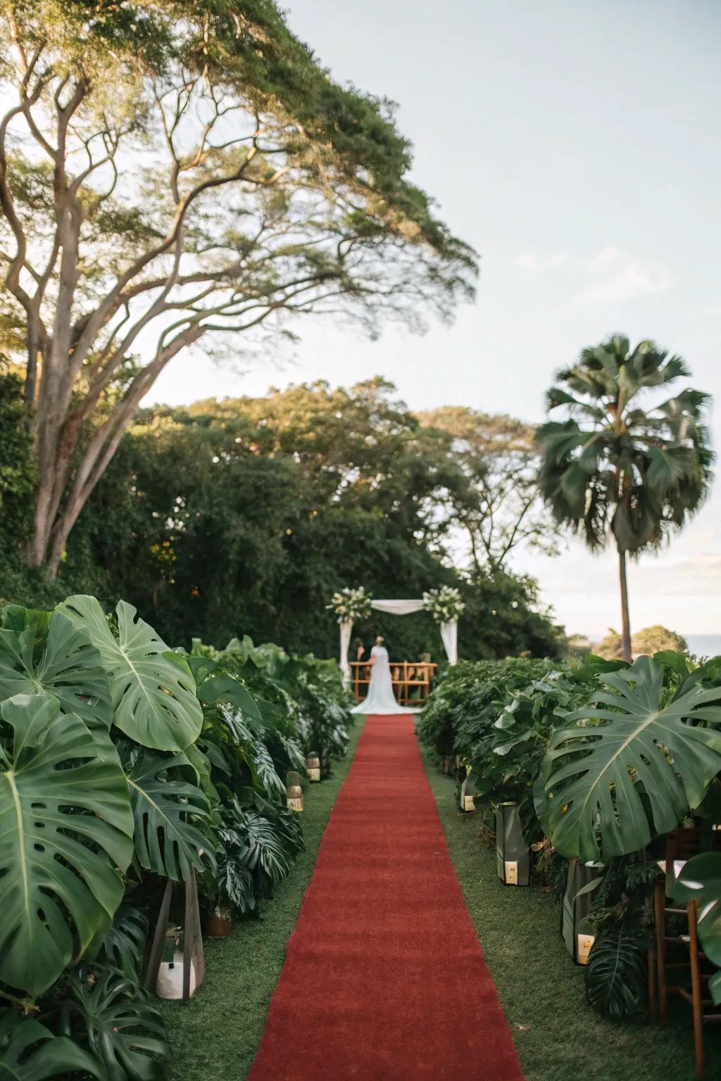 A lush path featuring vibrant tropical foliage for an exotic vibe.